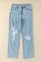 Sky Blue Distressed Frayed Hem Holed Straight Leg Loose Jeans - ElectronX Plus