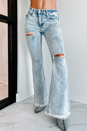 Sky Blue Distressed Acid Wash Flare Jeans - ElectronX Plus