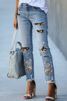 Sky Blue Printed Patch Ripped Skinny Jeans - ElectronX Plus