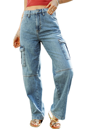 Sky Blue Cool Cargo Style Wide Leg Jeans - ElectronX Plus