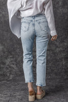 Sky Blue Light Wash Frayed Slim Fit High Waist Jeans - ElectronX Plus