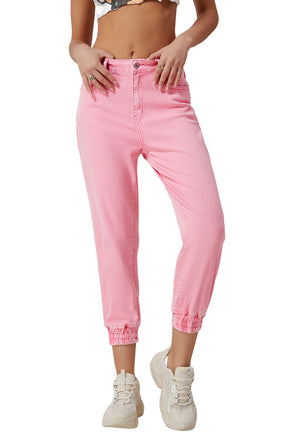 Pink Acid Wash Elastic Cuffed High Waist Jeans - ElectronX Plus