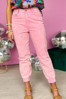 Pink Acid Wash Elastic Cuffed High Waist Jeans - ElectronX Plus