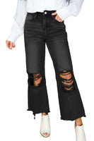 Black Distressed Hollow-out High Waist Cropped Flare Jeans - ElectronX Plus