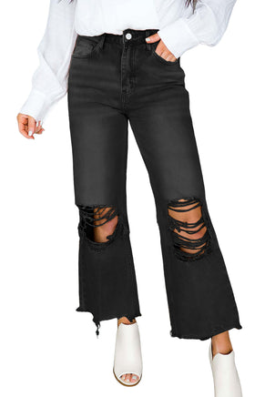 Black Distressed Hollow-out High Waist Cropped Flare Jeans - ElectronX Plus