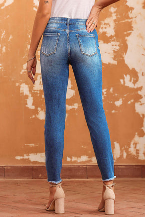 Blue Raw Hem Ankle-length Skinny Jeans - ElectronX Plus