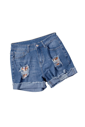 Casual Floral Patchwork Rolled Hem Denim Shorts - ElectronX Plus