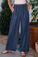 Sail Blue Side Pockets Frilled Smocked High Waist Wide Leg Jeans - ElectronX Plus