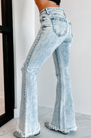 Sky Blue Distressed Acid Wash Flare Jeans - ElectronX Plus