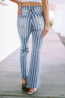 Sky Blue Vertical Striped Ripped Flare Jeans - ElectronX Plus