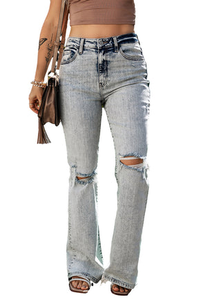 Light Blue Distressed Light Washed Slit Knee Flared Jeans - ElectronX Plus