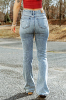 Sky Blue Subtle Ripped Detail Flare Bottom Jeans - ElectronX Plus