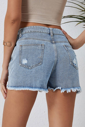 Sky Blue Rhinestone Tassel Distressed Denim Shorts - ElectronX Plus