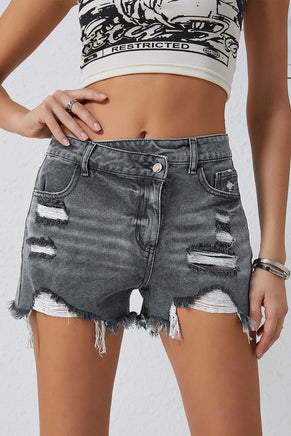 Black High Rise Crossover Waist Denim Shorts - ElectronX Plus