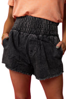 Black Smocked High Waist Mineral Washed Jean Shorts - ElectronX Plus