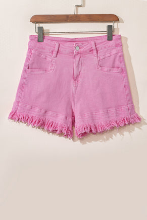 Pink Frayed Edge Mid Rise Denim Shorts - ElectronX Plus