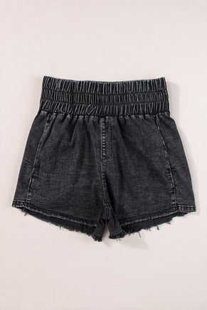 Black Smocked High Waist Mineral Washed Jean Shorts - ElectronX Plus