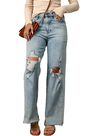 Sky Blue Distressed Frayed Hem Holed Straight Leg Loose Jeans - ElectronX Plus