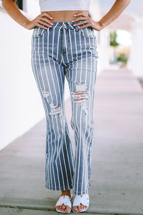 Sky Blue Vertical Striped Ripped Flare Jeans - ElectronX Plus