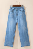 Light Blue Floral Rhinestone Decor High Rise Wide Leg Jeans - ElectronX Plus