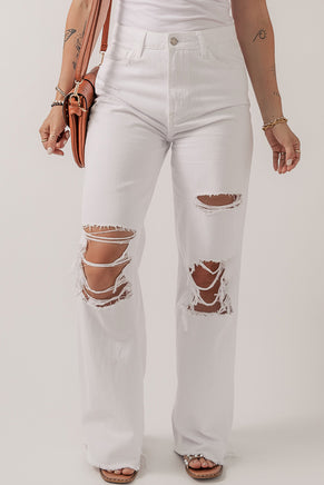 Bright White Heavy Distressed Straight Leg Jeans - ElectronX Plus