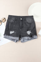 Distressed Ripped Rolled Hem Black Denim Shorts - ElectronX Plus