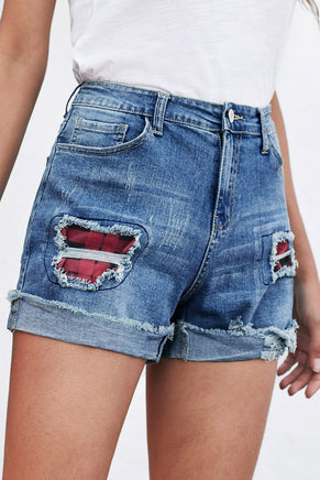 Plaid Patchwork Rolled Hem Denim Shorts - ElectronX Plus