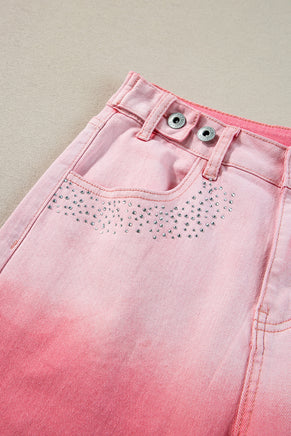 Pink Scattering Rhinestone Gradient Denim Pants - ElectronX Plus