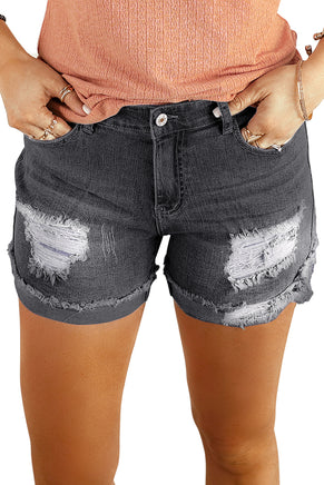 Distressed Ripped Rolled Hem Black Denim Shorts - ElectronX Plus