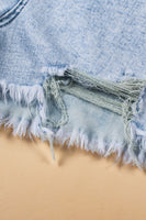 Light Blue Acid Wash Crossed Raw Edge Denim Shorts - ElectronX Plus