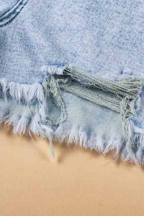 Light Blue Acid Wash Crossed Raw Edge Denim Shorts - ElectronX Plus