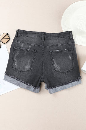 Distressed Ripped Rolled Hem Black Denim Shorts - ElectronX Plus