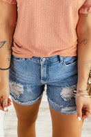 Distressed Ripped Rolled Hem Sky Blue Denim Shorts - ElectronX Plus