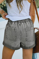 Gray Pocketed Drawstring High Waist Denim Shorts - ElectronX Plus