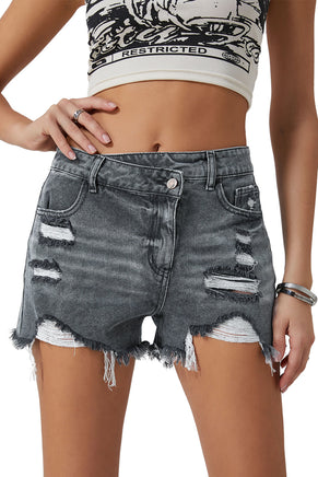 Black High Rise Crossover Waist Denim Shorts - ElectronX Plus