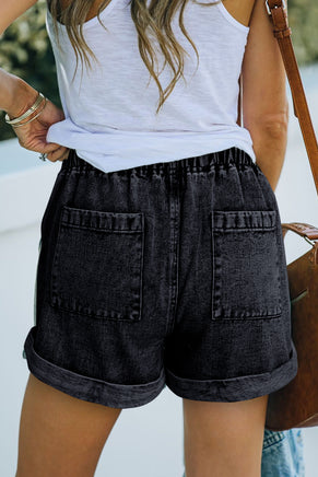 Black Pocketed Drawstring High Waist Denim Shorts - ElectronX Plus