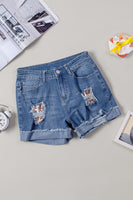 Casual Floral Patchwork Rolled Hem Denim Shorts - ElectronX Plus