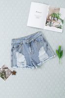 Sky Blue Rhinestone Tassel Distressed Denim Shorts - ElectronX Plus