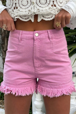 Pink Frayed Edge Mid Rise Denim Shorts - ElectronX Plus