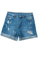 Sky Blue Dandelion Embroidered Ripped Denim Shorts - ElectronX Plus