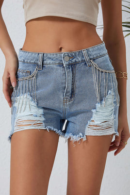 Sky Blue Rhinestone Tassel Distressed Denim Shorts - ElectronX Plus