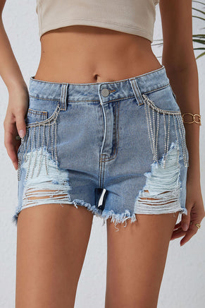 Sky Blue Rhinestone Tassel Distressed Denim Shorts - ElectronX Plus