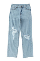 Sky Blue Distressed Frayed Hem Holed Straight Leg Loose Jeans - ElectronX Plus