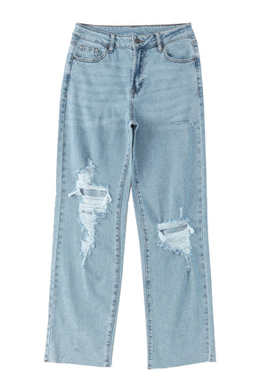 Sky Blue Distressed Frayed Hem Holed Straight Leg Loose Jeans - ElectronX Plus