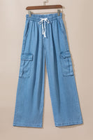 Sky Blue Drawstring High Waist Cargo Pocket Wide Leg Jeans - ElectronX Plus