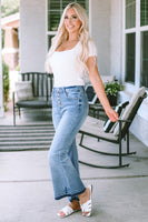 Sky Blue High Waist Buttoned Distressed Flared Jeans - ElectronX Plus