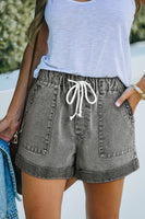 Gray Pocketed Drawstring High Waist Denim Shorts - ElectronX Plus