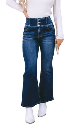 Blue Buttons Elastic Wide Waistband Back Flare Jeans - ElectronX Plus