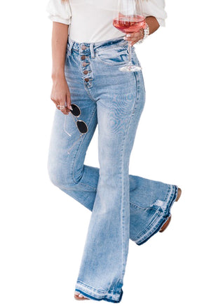 Sky Blue High Waist Buttoned Distressed Flared Jeans - ElectronX Plus