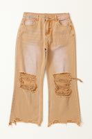 Brown Distressed Hollow-out High Waist Cropped Flare Jeans - ElectronX Plus